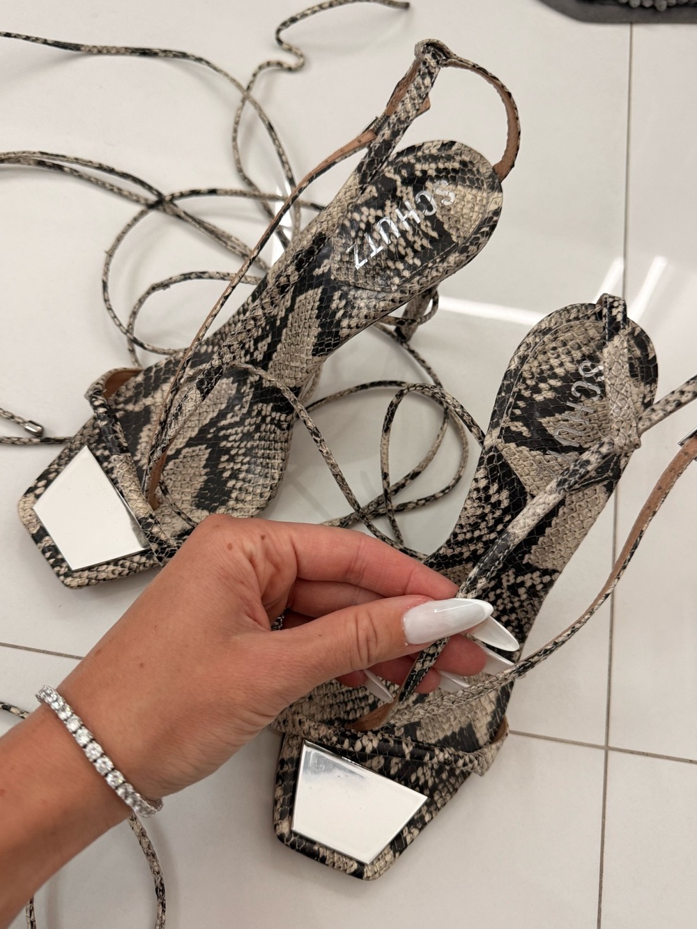 SCHUTZ Snake-Print Lace-Up Heels in Tan and Black